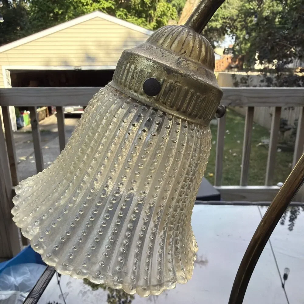 Vintage Lily Pad Brass Gooseneck Table Lamp with Scalloped Shade - Tested! Great
